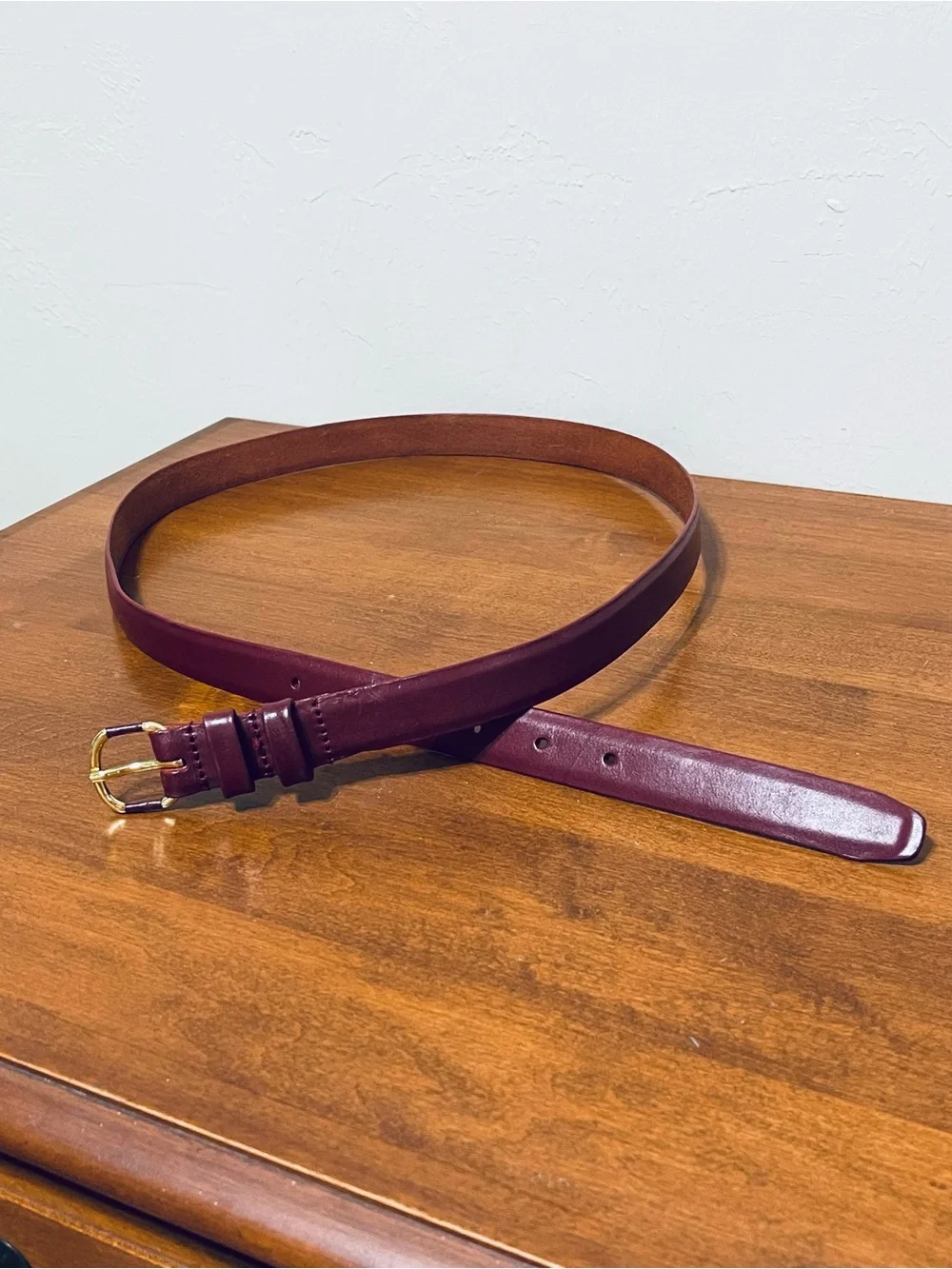 Lands' End Burgundy 100% Leather Dress Belt Gold Buckle Office Career Women L